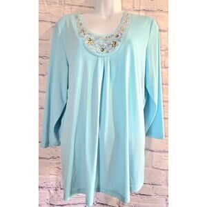 Susan Graver Blue Beaded Bodice Top Medium Liquid Knit Stretchy
